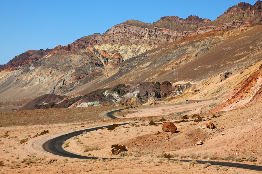 Excellent road, crossing Death Valley in the USA. The desert and mountains